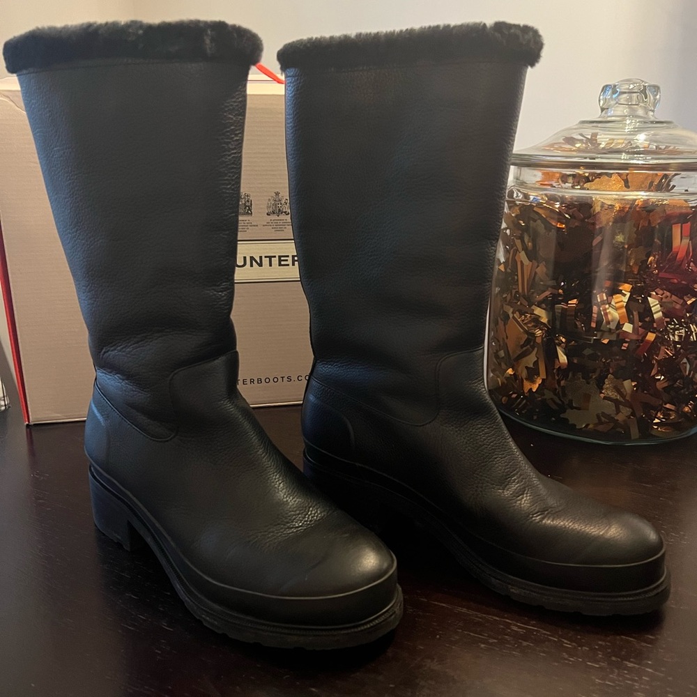 HUNTER Original Pull on Leather Shearling Black winter boots